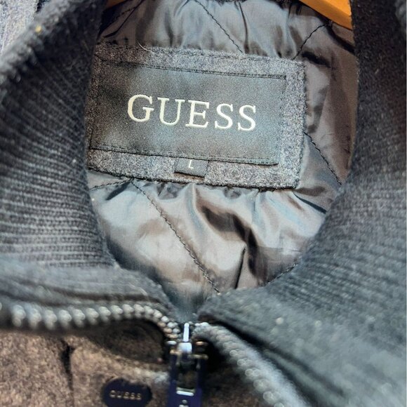 Guess Mens Military Coat Jacket Large Charcoal Gray Stand Collar Quilted Winter - Picture 2 of 13